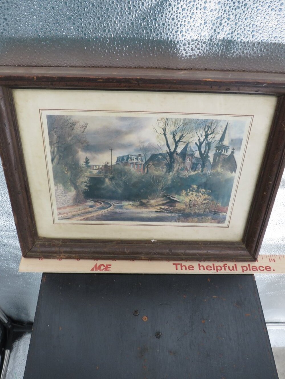 Vintage Randolph Bye Framed Watercolor Print Train Railroad Church Brown 14x11